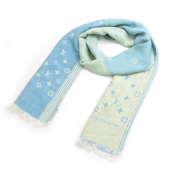 Auth LOUIS VUITTON Monogram Scarf Blue/Yellow Silk - Picture 1 of 8